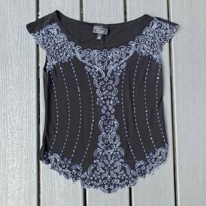 Black semi sheer beaded sequin blouse floral design, Y2K whimsigoth fairycore